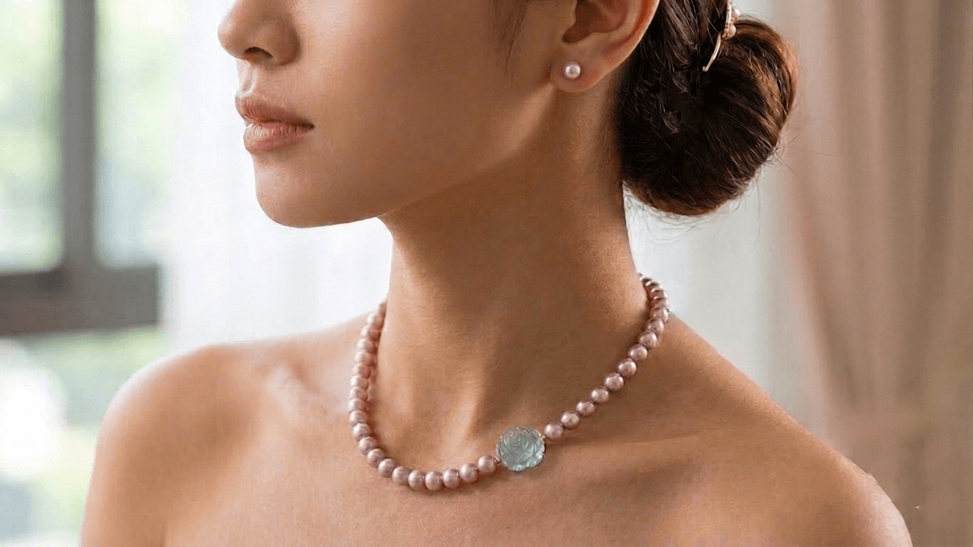 Bộ hai Trang sức Vàng 14K Ngọc trai nước ngọt Lavender và Hoa Hồng Aquamarine - AME Jewellery