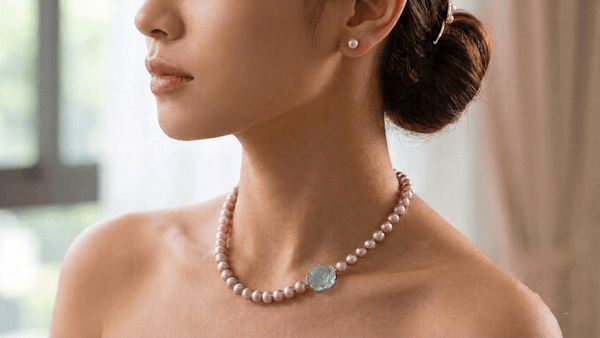 Lavender Freshwater Pearl & Aquamarine Rose Jewelry Set in 14K Yellow Gold by AME Jewellery