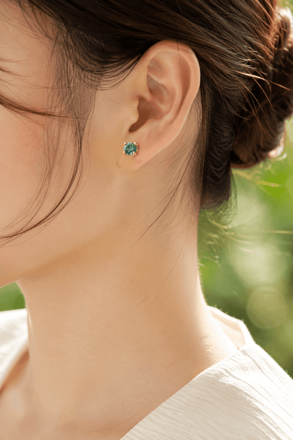 Natural Green Sapphire with the 4-Prong Earrings in 14K Yellow Gold - AME Jewellery