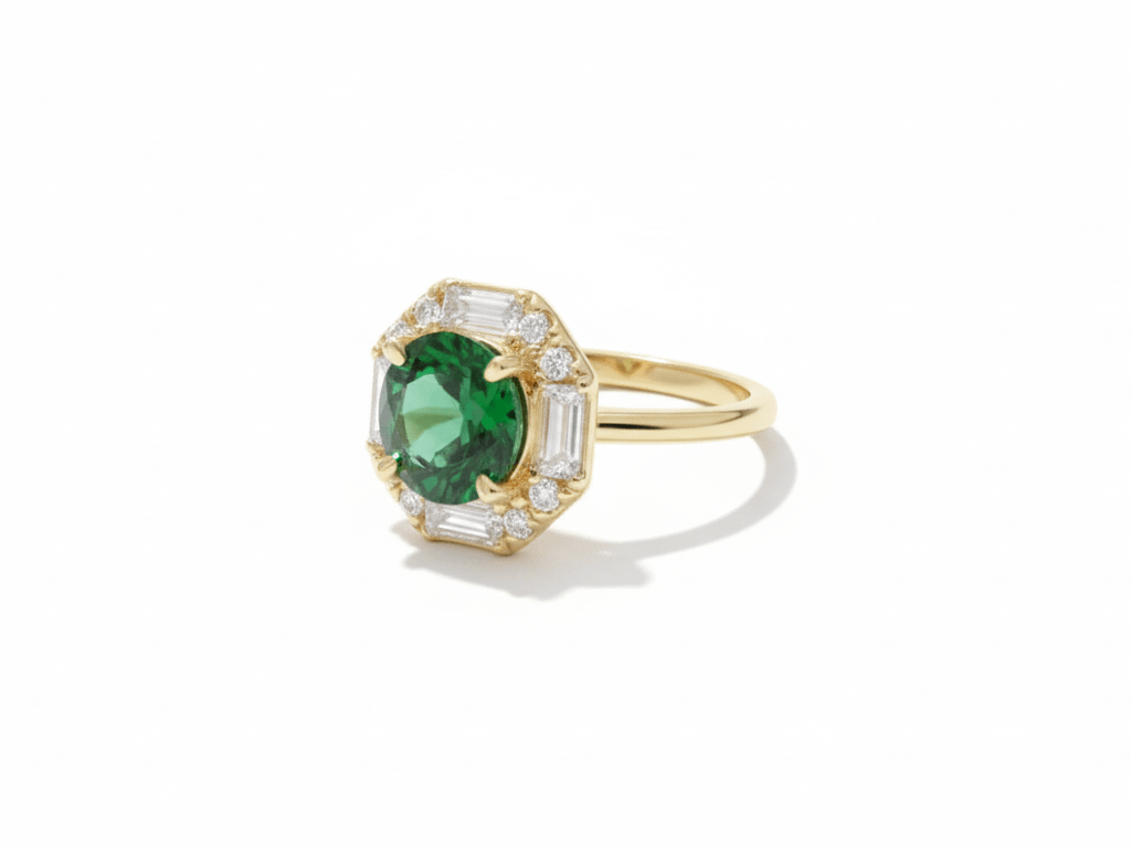 Nhẫn Vàng Đá quý tự nhiên Natural Green Tourmaline Octagon-Halo Ring in 14K Yellow Gold by AME Jewellery