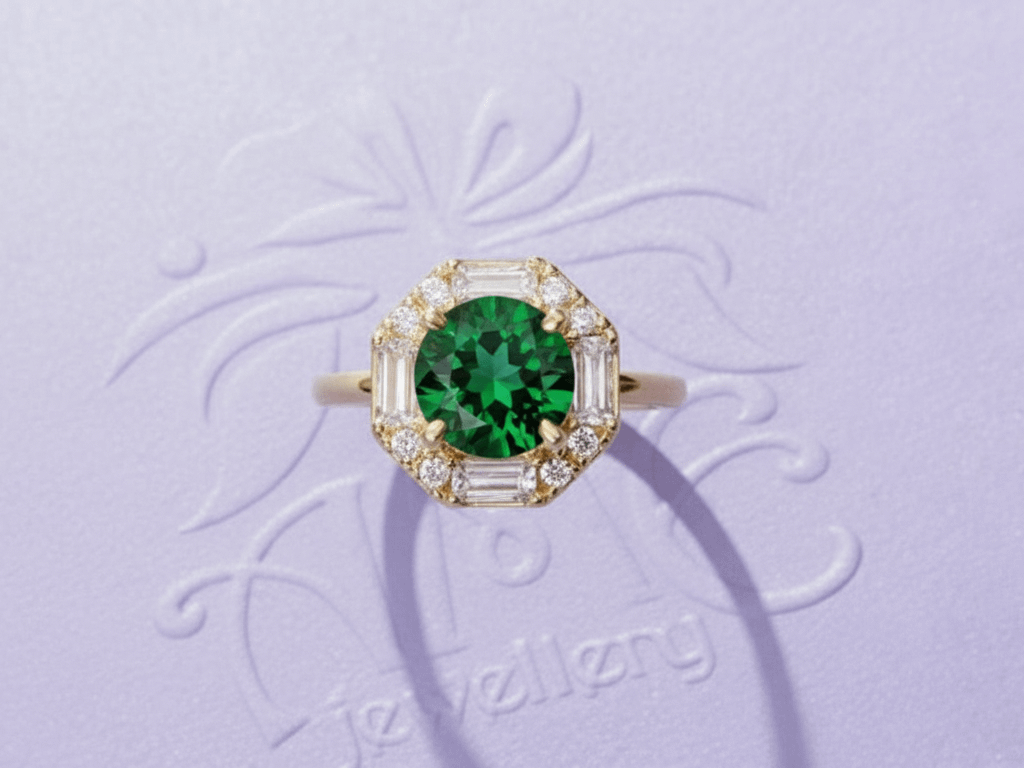 Nhẫn Vàng Đá quý tự nhiên Natural Green Tourmaline Octagon-Halo Ring in 14K Yellow Gold by AME Jewellery
