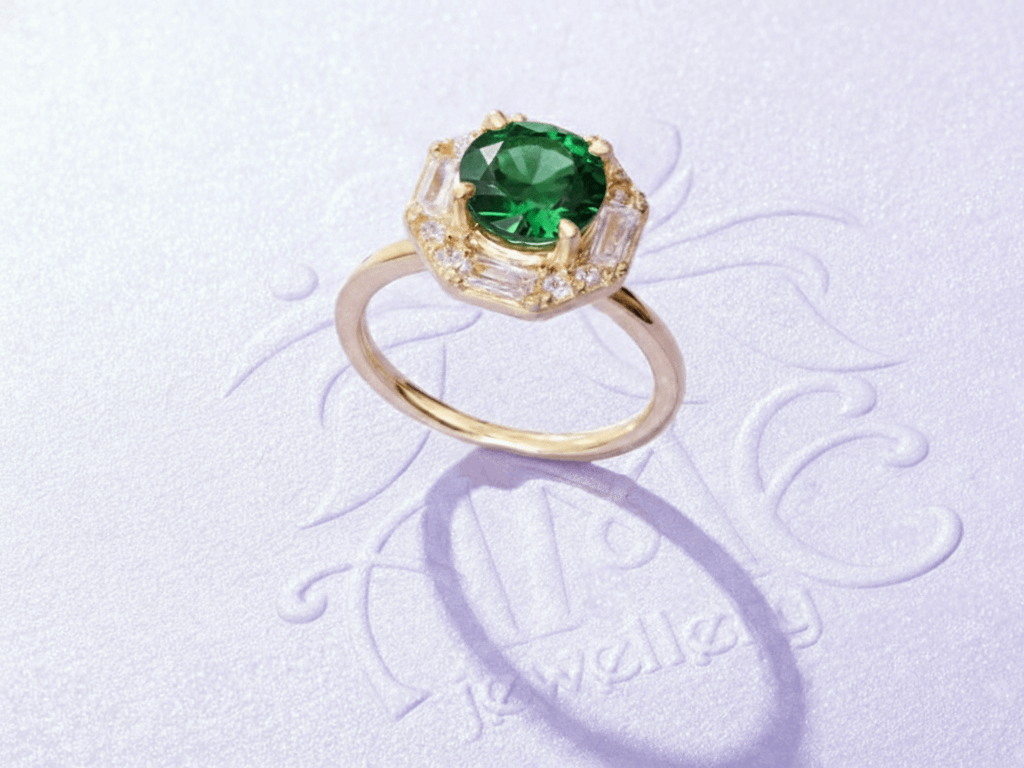 Nhẫn Vàng Đá quý tự nhiên Natural Green Tourmaline Octagon-Halo Ring in 14K Yellow Gold by AME Jewellery