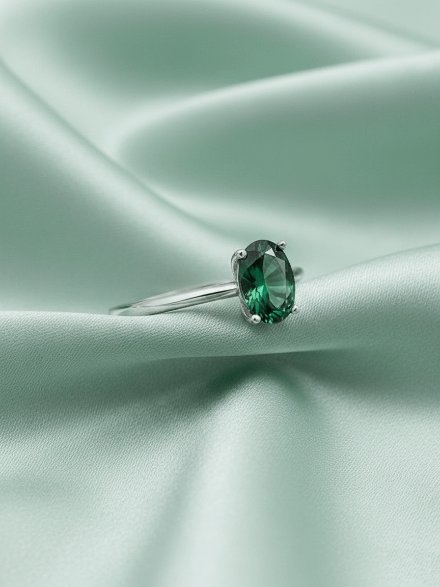 Nhẫn Vàng trắng Đá quý tự nhiên Natural Oval-Cut Green Tourmaline Ring in 10K White Gold by AME Jewellery