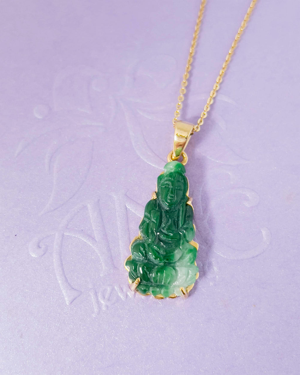 Mặt dây Phật Bà Quan Âm Cẩm thạch thiên nhiên | Guanyin Buddha Jadeite Jade Pendant Necklace in 14K Yellow Gold by AME Jewellery