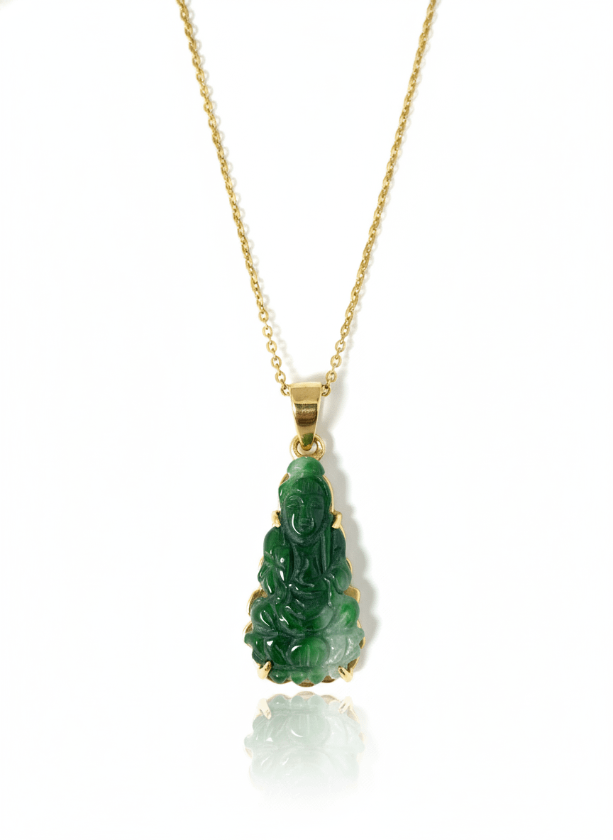 Mặt dây Phật Bà Quan Âm Cẩm thạch thiên nhiên | Guanyin Buddha Jadeite Jade Pendant Necklace in 14K Yellow Gold by AME Jewellery