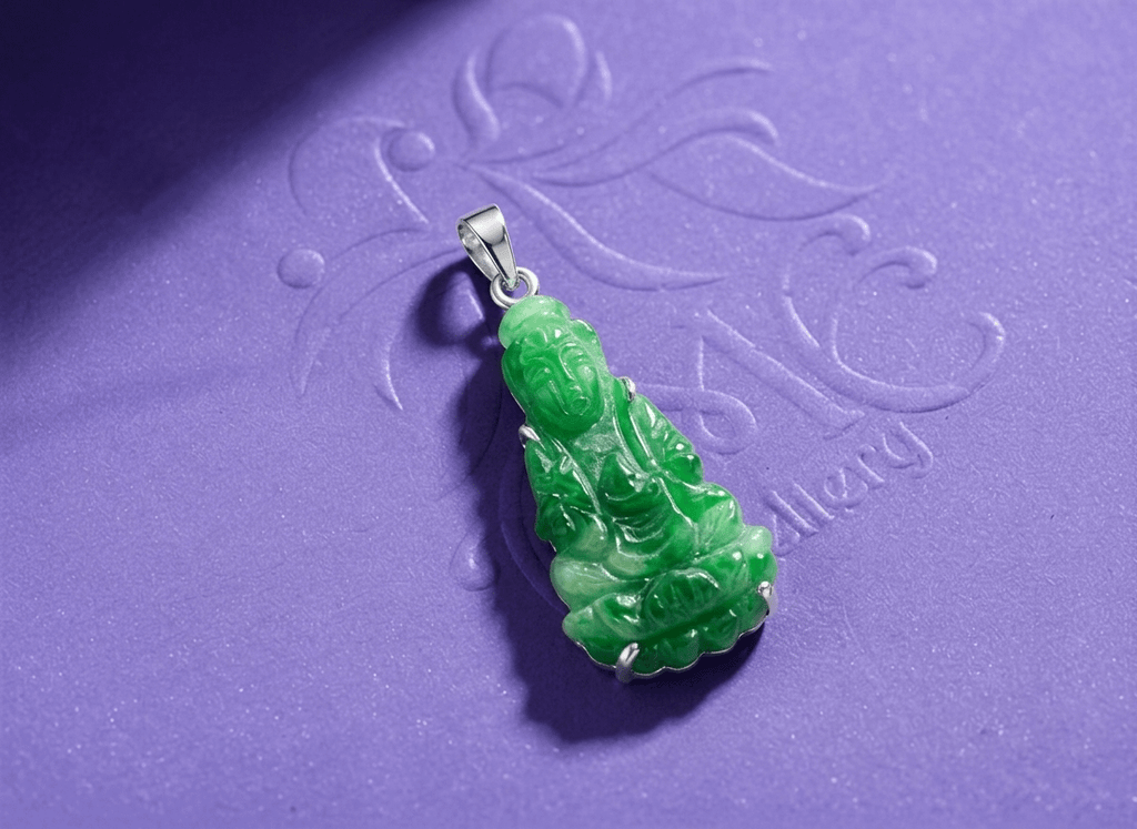 Mặt dây Vàng trắng Phật Bà Quan Âm Cẩm thạch thiên nhiên | Guanyin Buddha Jadeite Jade Pendant Necklace in 14K white Gold by AME Jewellery