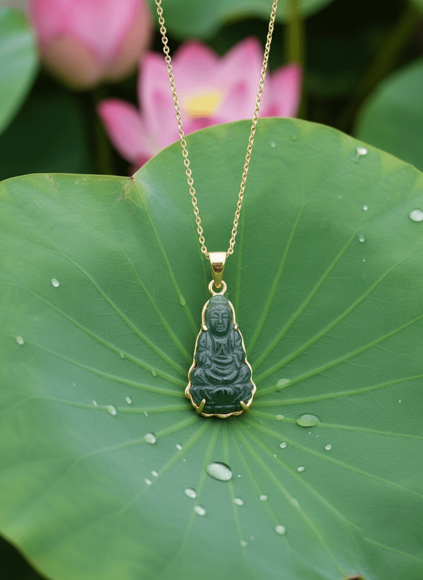 Mặt dây chuyền Vàng Phật Bà Quan Âm Cẩm Thạch | Burmese Jadeite Jade Guanyin Buddha Pendant in 14K Yellow Gold by AME Jewellery