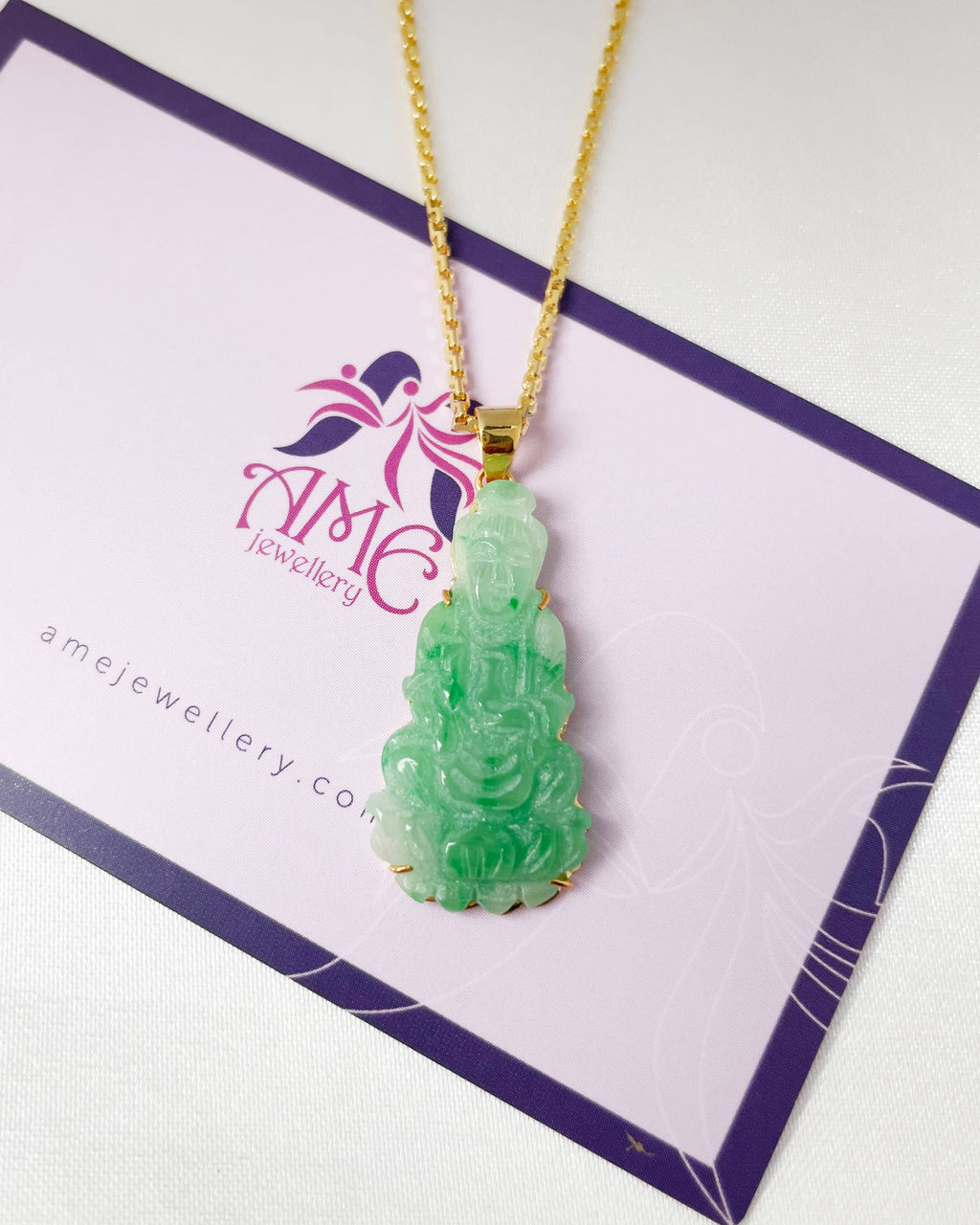 Mặt dây Phật Bà Quan Âm Cẩm thạch thiên nhiên | Guanyin Buddha Jadeite Jade Pendant Necklace in 14K Yellow Gold by AME Jewellery