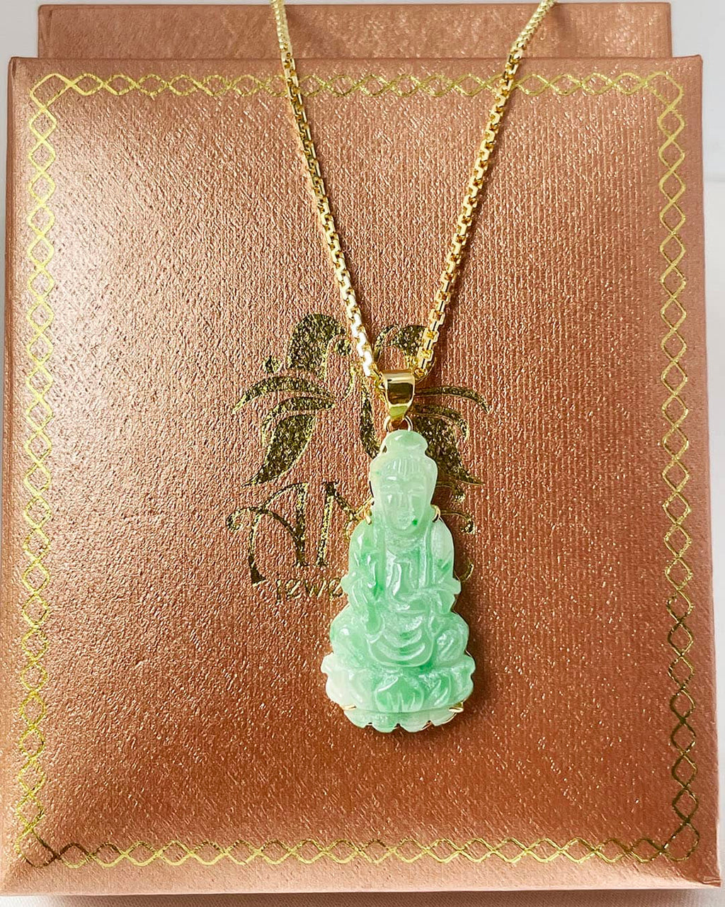 Mặt dây Phật Bà Quan Âm Cẩm thạch thiên nhiên | Guanyin Buddha Jadeite Jade Pendant Necklace in 14K Yellow Gold by AME Jewellery