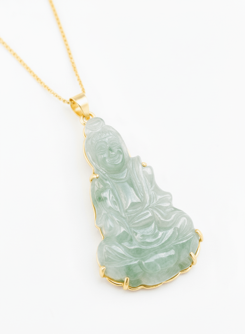 The Burmese Jadeite Jade carving Guanyin Buddha Pendant Necklace, crafted by AME Jewellery in 14-karat Yellow Gold