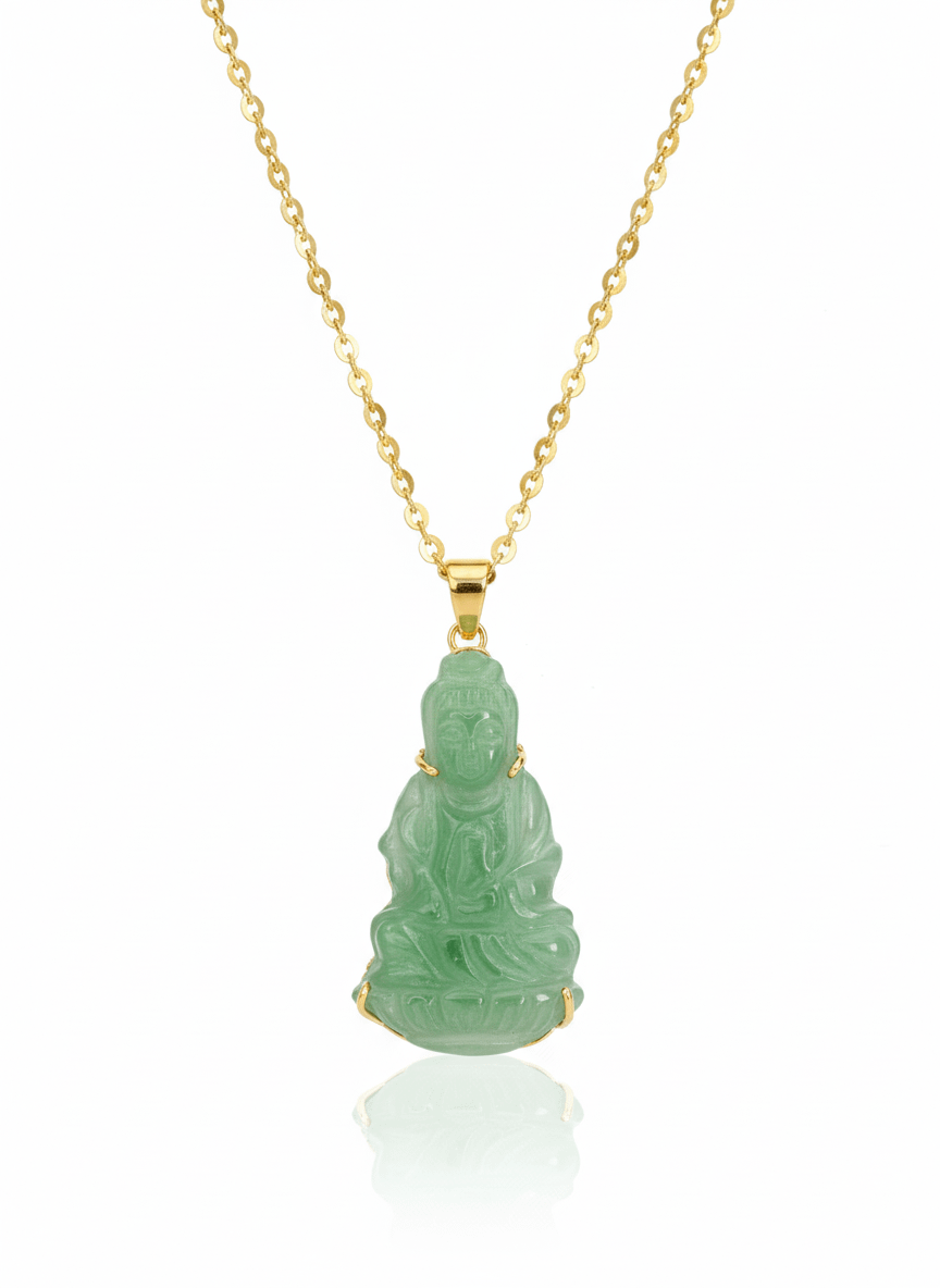 Mặt dây Phật Bà Quan Âm Cẩm thạch thiên nhiên | Guanyin Buddha Jadeite Jade Pendant Necklace in 14K Yellow Gold by AME Jewellery