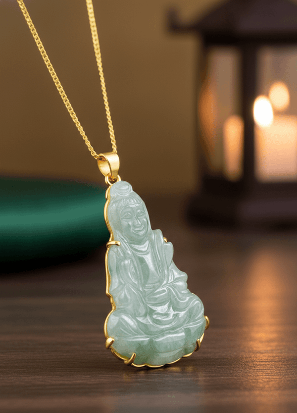 The Burmese Jadeite Jade carving Guanyin Buddha Pendant Necklace, crafted by AME Jewellery in 14-karat Yellow Gold