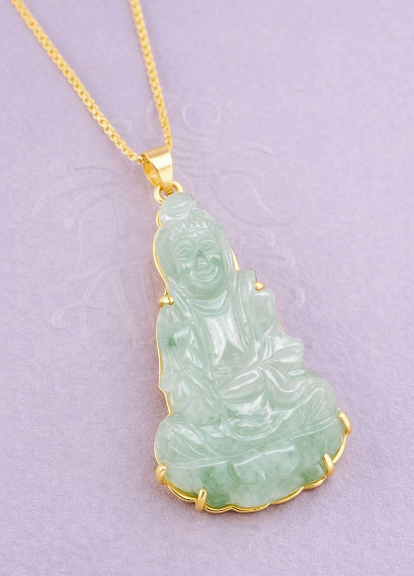 The Burmese Jadeite Jade carving Guanyin Buddha Pendant Necklace, crafted by AME Jewellery in 14-karat Yellow Gold