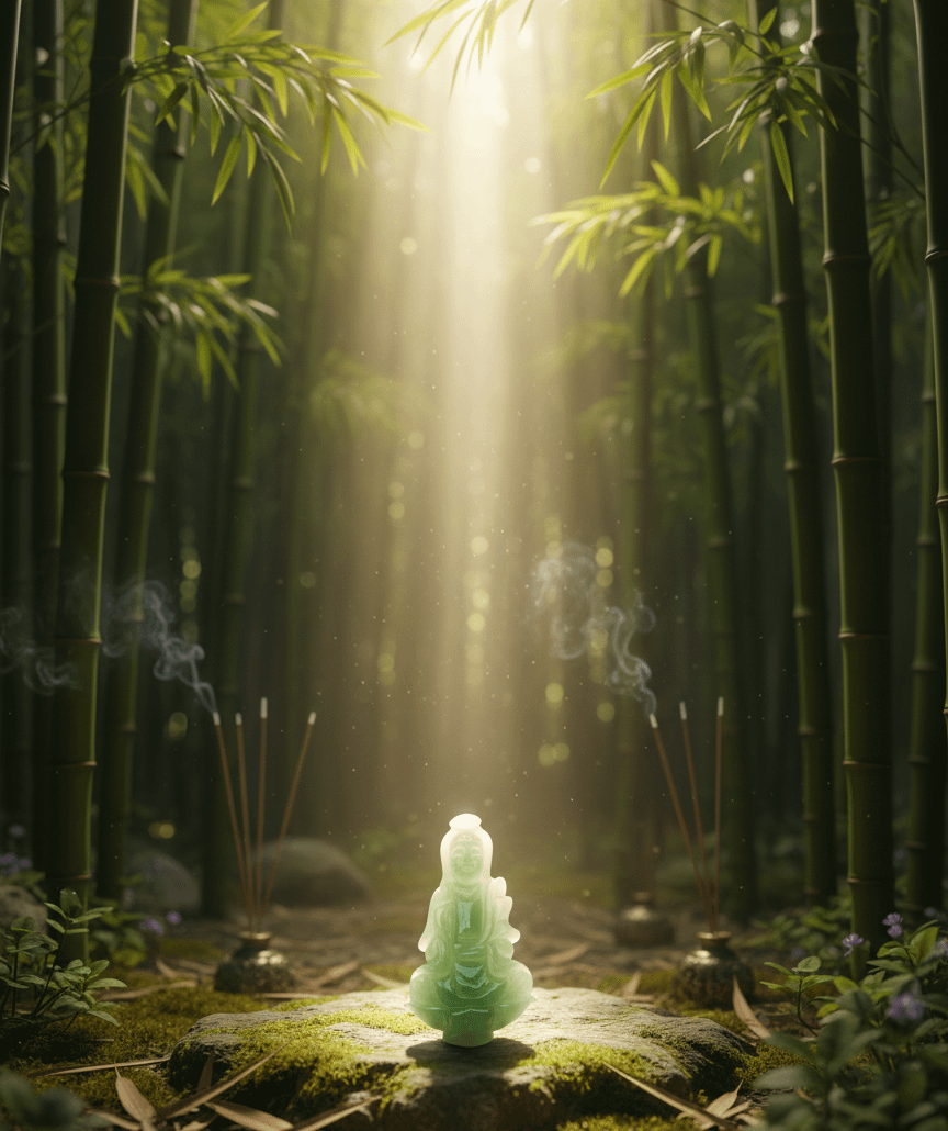 The Burmese Jadeite Jade carving Guanyin Buddha Pendant Necklace, crafted by AME Jewellery in 14-karat Yellow Gold