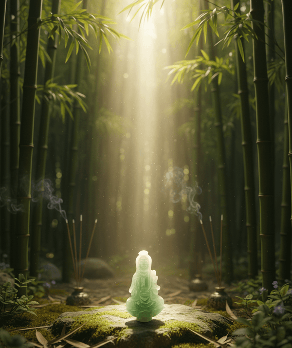 The Burmese Jadeite Jade carving Guanyin Buddha Pendant Necklace, crafted by AME Jewellery in 14-karat Yellow Gold