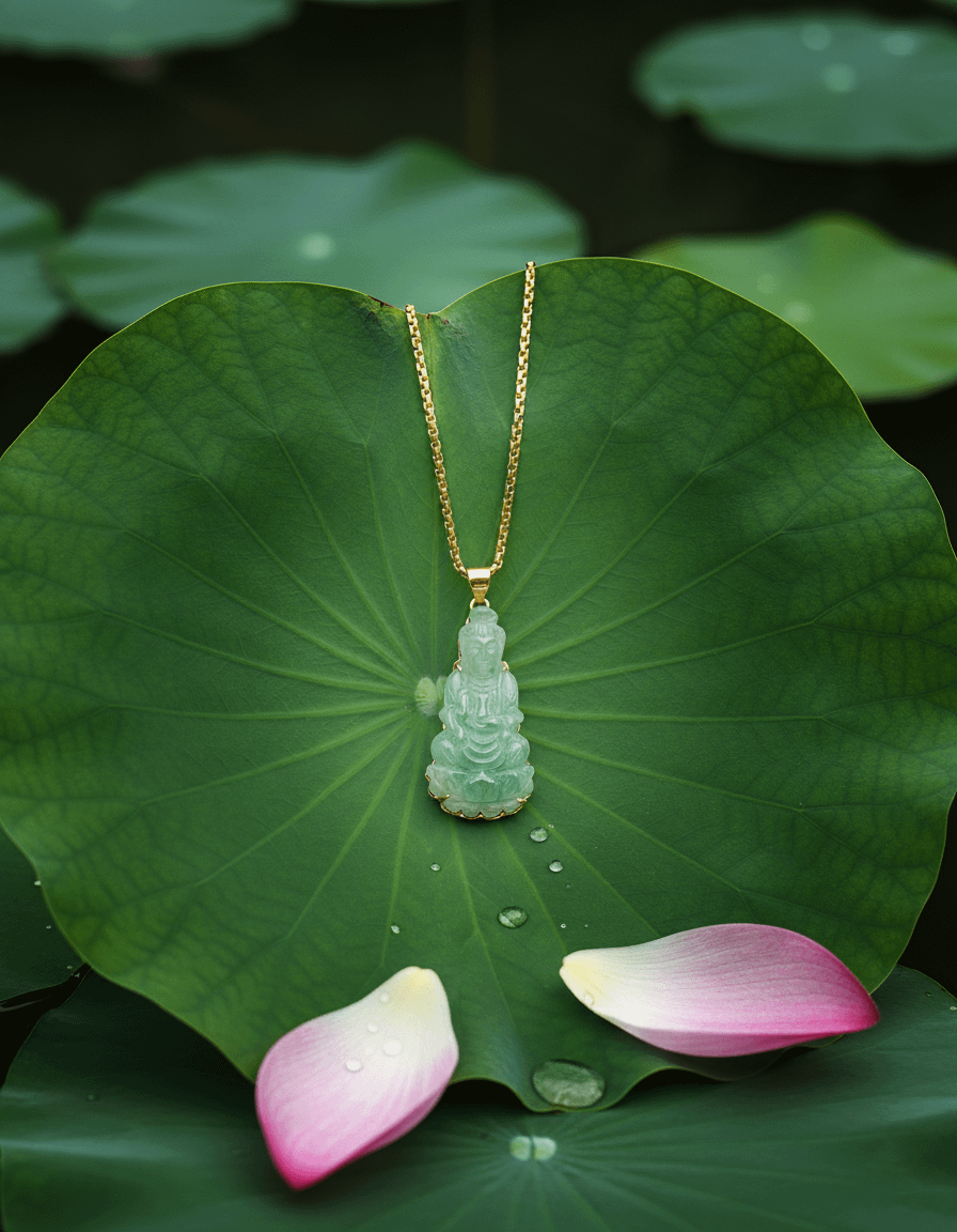 Mặt dây Phật Bà Quan Âm Cẩm thạch thiên nhiên | Guanyin Buddha Jadeite Jade Pendant Necklace in 14K Yellow Gold by AME Jewellery