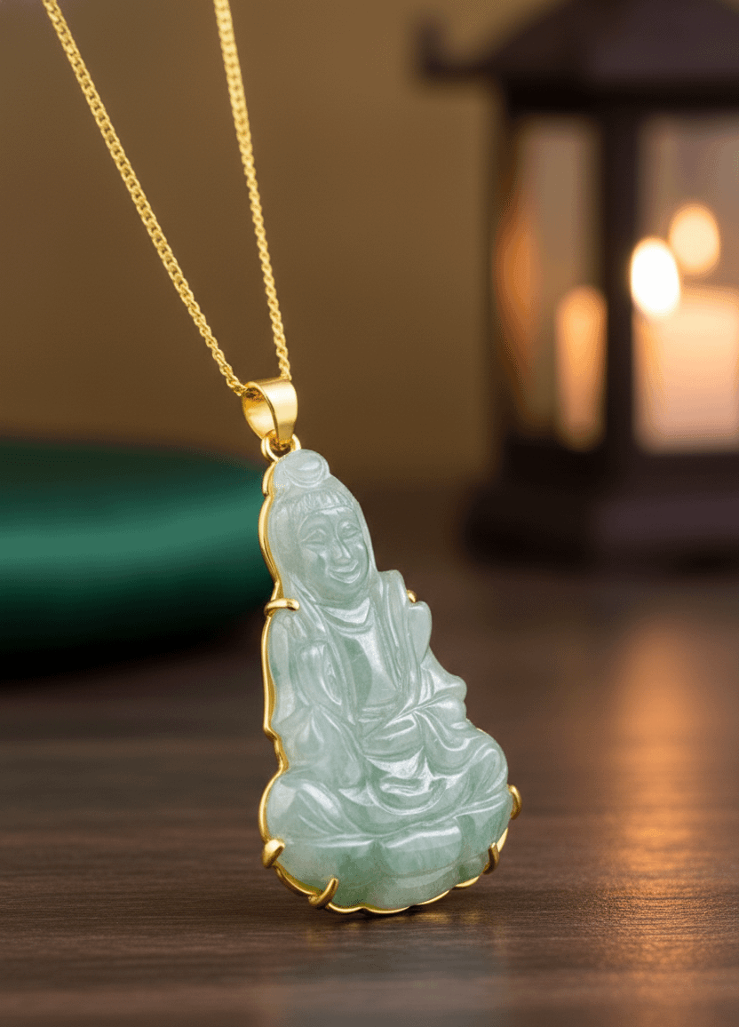 Burmese Jadeite Jade Guanyin Buddha Pendant in 14K Yellow Gold - AME Jewellery