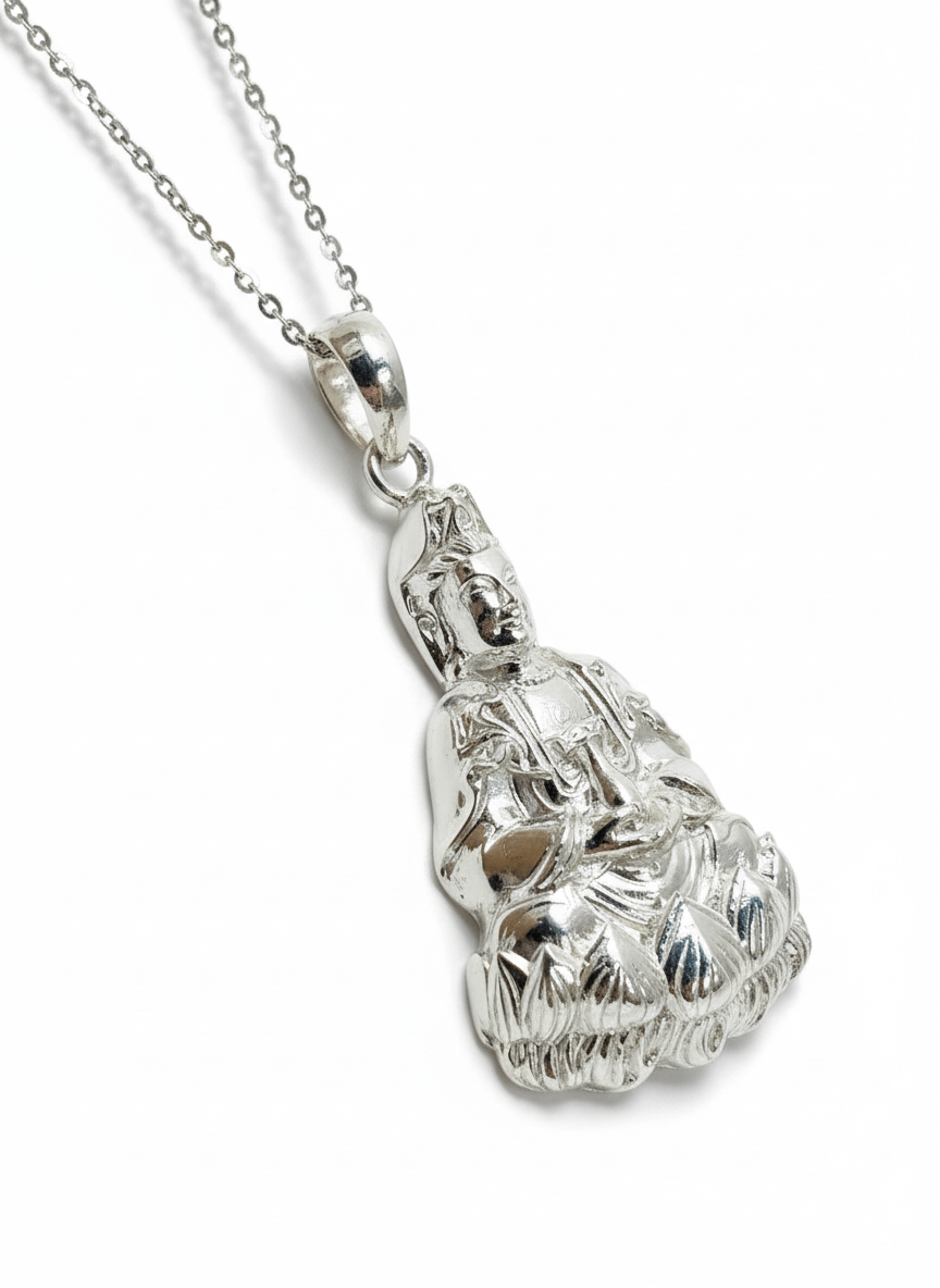 Mặt dây Bạc Phật Bà Quan Âm toạ đài Sen | Guanyin Buddha sitting on a lotus flower pendant by AME Jewellery