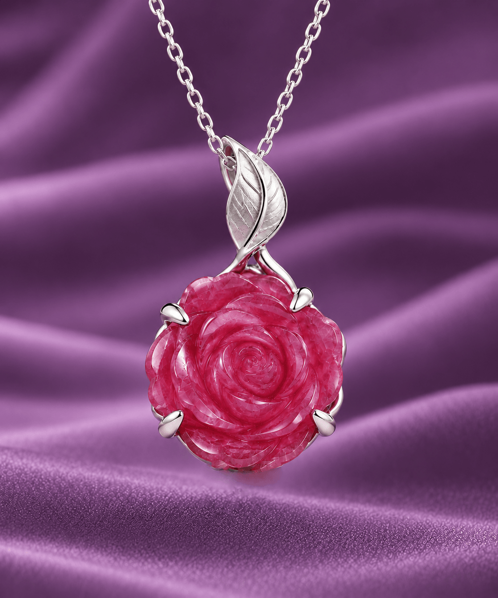 Natural Hand-Carved Ruby Rose Flower Pendant in sterling silver - AME Jewellery