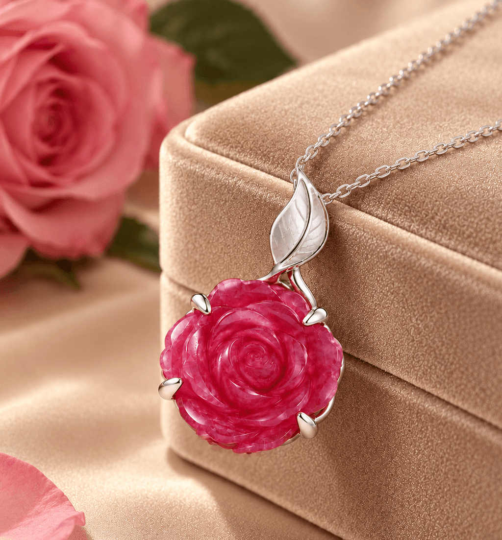 Natural Hand-Carved Ruby Rose Flower Pendant in sterling silver - AME Jewellery
