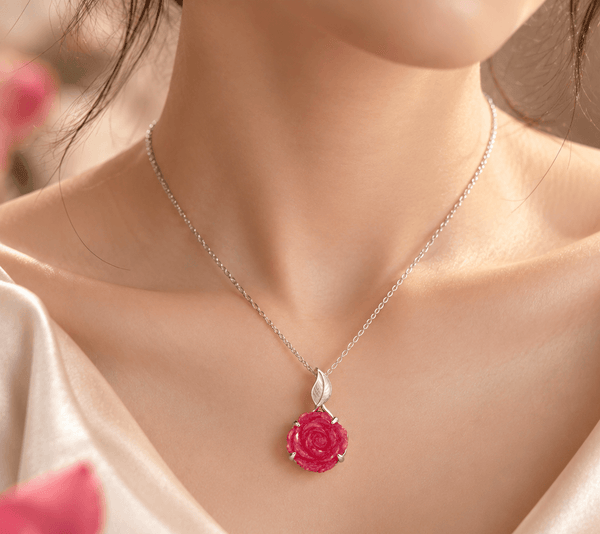 Natural Hand-Carved Ruby Rose Flower Pendant in sterling silver by AME Jewellery.