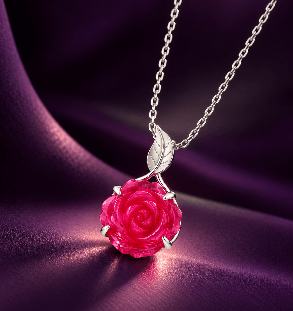 Natural Hand-Carved Ruby Rose Flower Pendant in sterling silver - AME Jewellery