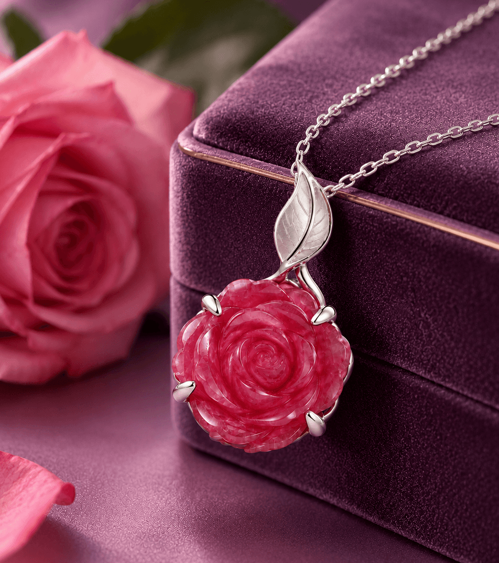 Natural Hand-Carved Ruby Rose Flower Pendant in sterling silver - AME Jewellery