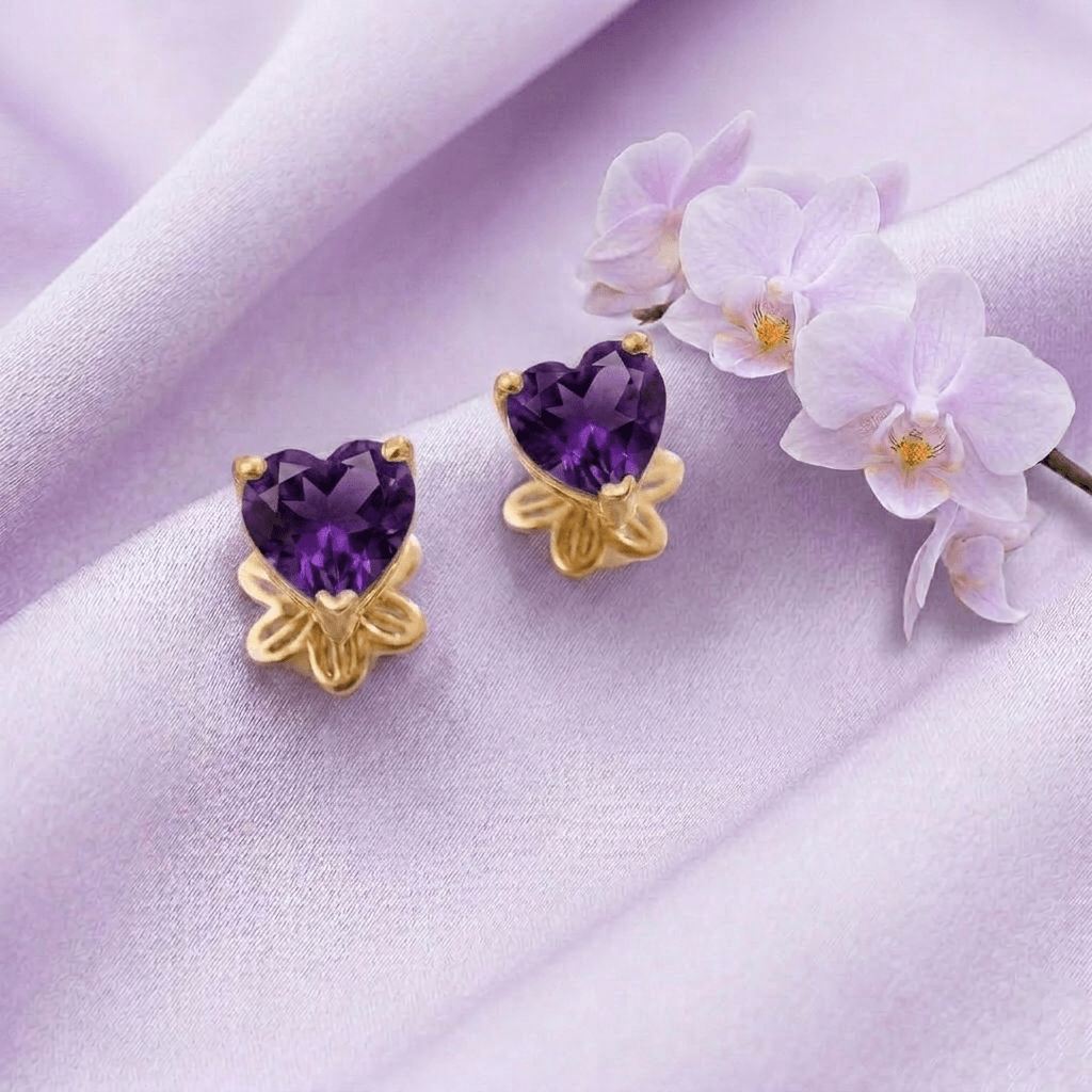 Natural Heart-cut Amethyst Earrings in 14K Yellow Gold - AME Jewellery
