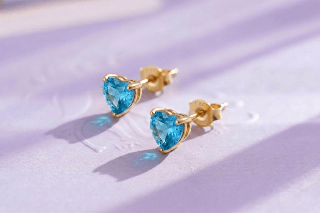 Bông tai Vàng đá quý tự nhiên Natural Heart-cut Blue Topaz Earrings in 14K yellow gold by AME Jewellery