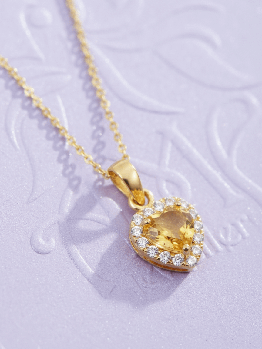 Mặt dây chuyền Vàng Đá quý tự nhiên Heart Citrine Halo Pendant Necklace in 14K Yellow Gold by AME Jewellery