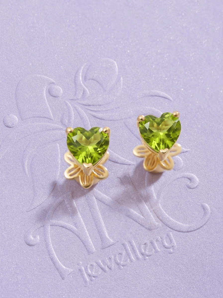 Natural Heart-cut Peridot Earrings in 14K Yellow Gold by AME Jewellery