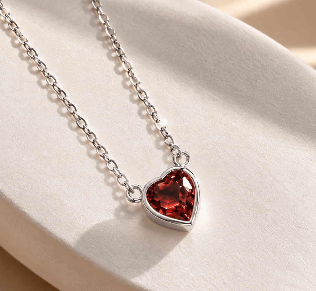 Natural Heart-cut Red Garnet Solitaire Bezel Chain Necklace in Sterling Silver by AME Jewellery. 
