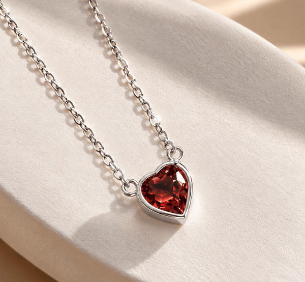 Natural Heart-cut Red Garnet Solitaire Bezel Chain Necklace in Sterling Silver by AME Jewellery. 