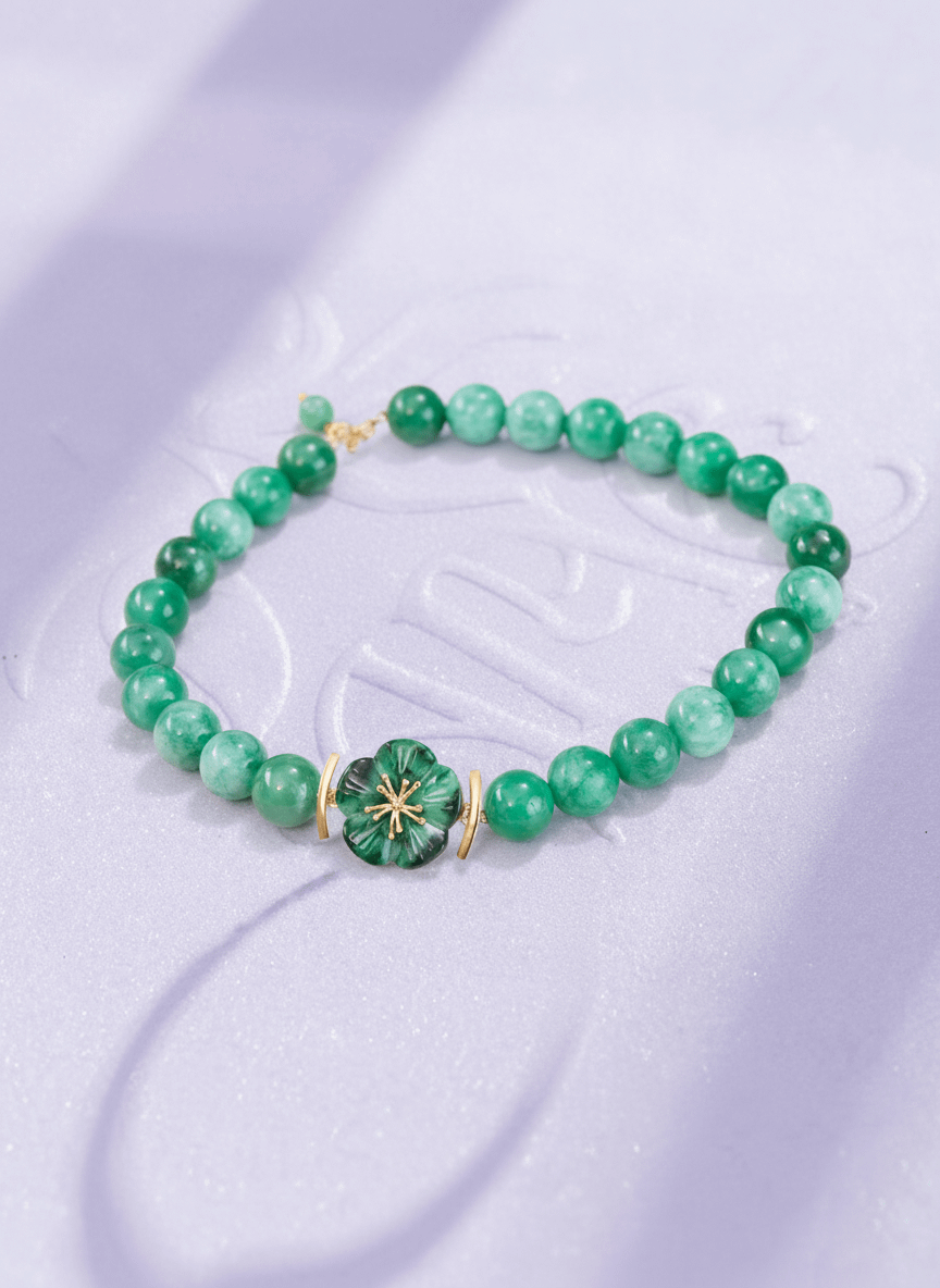 Jadeite Jade Beads Necklace with Jade Carved Apricot Blossom Pendant in 14K Yellow Gold by AME Jewellery