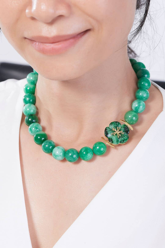 Jadeite Jade Beads Necklace with Jade Carved Apricot Blossom Pendant in 14K Yellow Gold by AME Jewellery