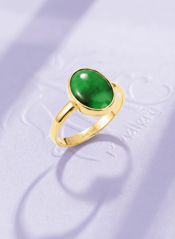 Nhẫn nữ Vàng Đá quý thiên nhiên Cẩm thạch Myanmar Jadeite Jade Bezel Ring in 14K Yellow Gold by AME Jewellery