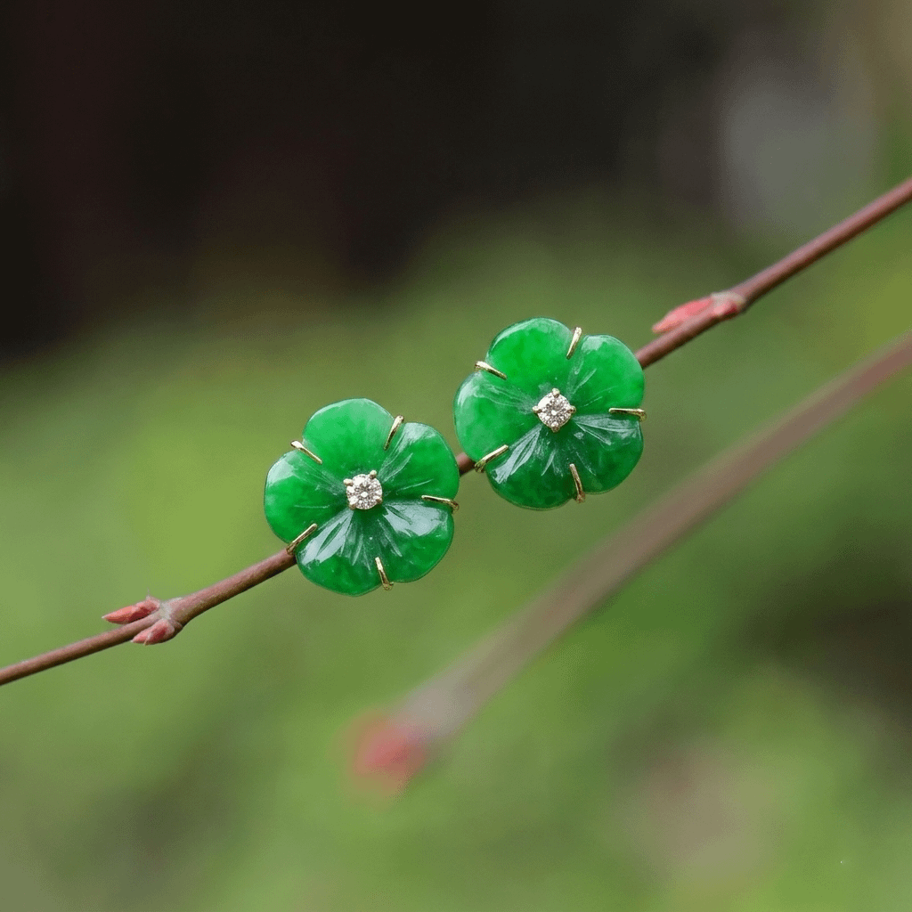 Burmese Jadeite Jade Carved Apricot Blossom Flower Earrings in 14K Yellow Gold by AME Jewellery. The brilliant beauty of the Yellow Apricot Blossom is the inspiration behind the design of these jade earrings that are imbued with Vietnamese culture.