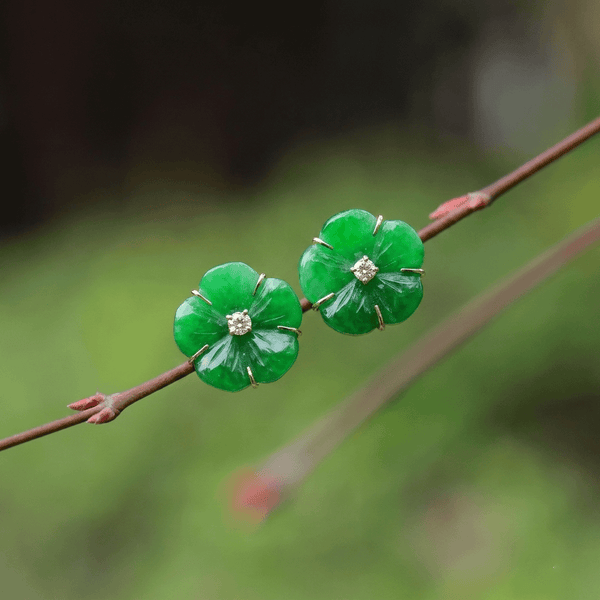 Burmese Jadeite Jade Carved Apricot Blossom Flower Earrings in 14K Yellow Gold by AME Jewellery. The brilliant beauty of the Yellow Apricot Blossom is the inspiration behind the design of these jade earrings that are imbued with Vietnamese culture.