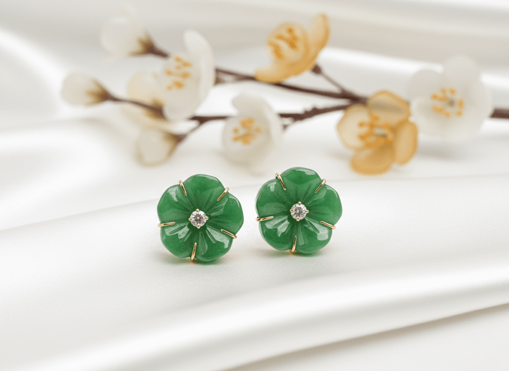  Burmese Jadeite Jade Carved Apricot Blossom Earrings in 14K Yellow Gold by AME Jewellery