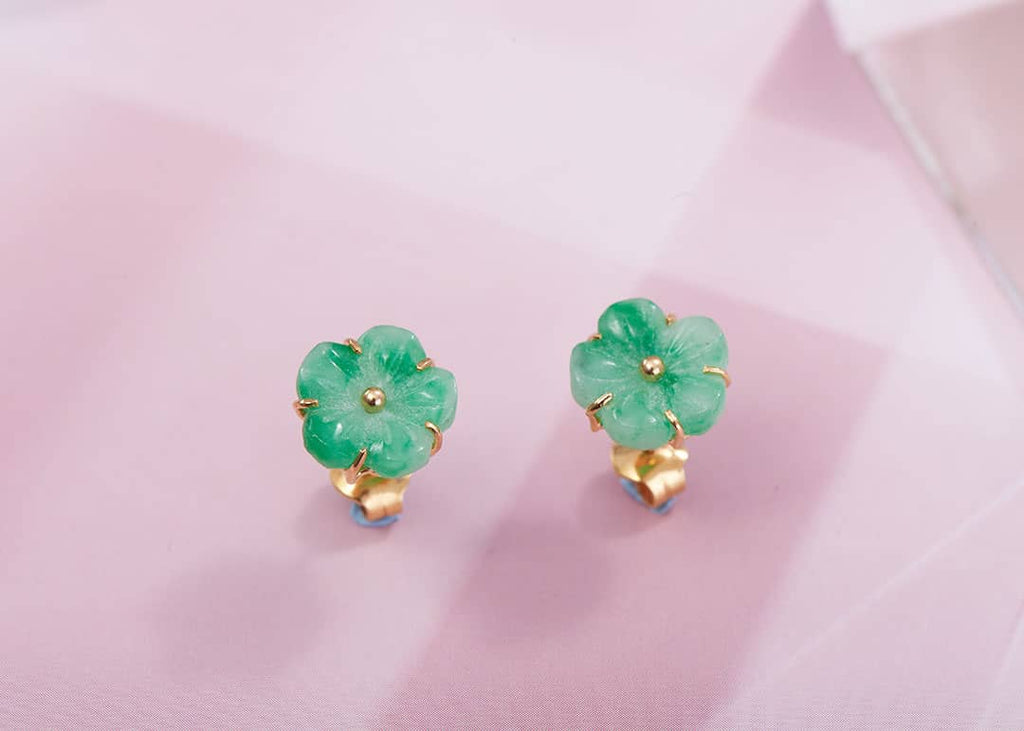 Burmese Jadeite Jade Carved Apricot Blossom Earrings in 14K Yellow Gold by AME Jewellery