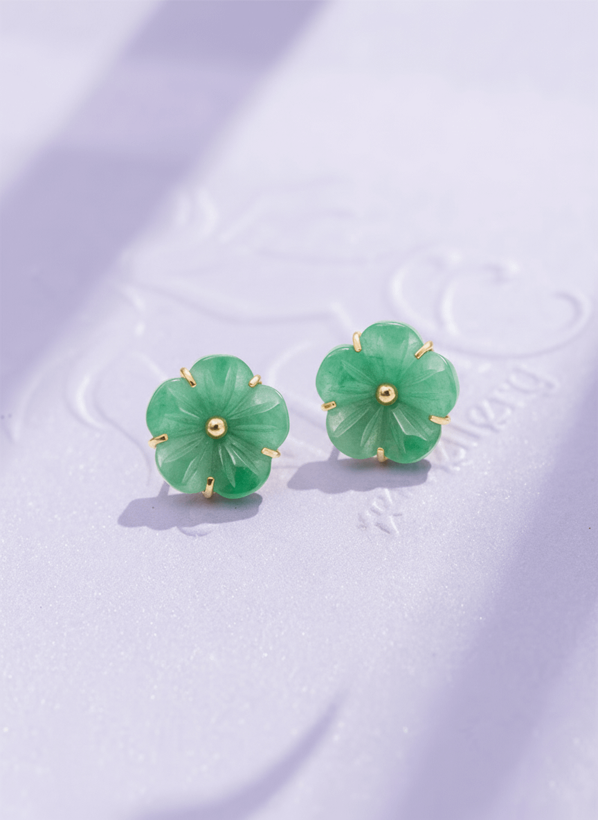 Burmese Jadeite Jade Carved Apricot Blossom Earrings in 14K Yellow Gold by AME Jewellery