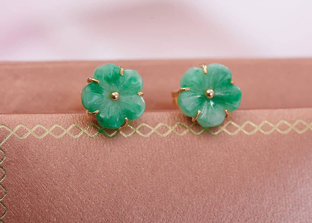 Burmese Jadeite Jade Carved Apricot Blossom Earrings in 14K Yellow Gold by AME Jewellery