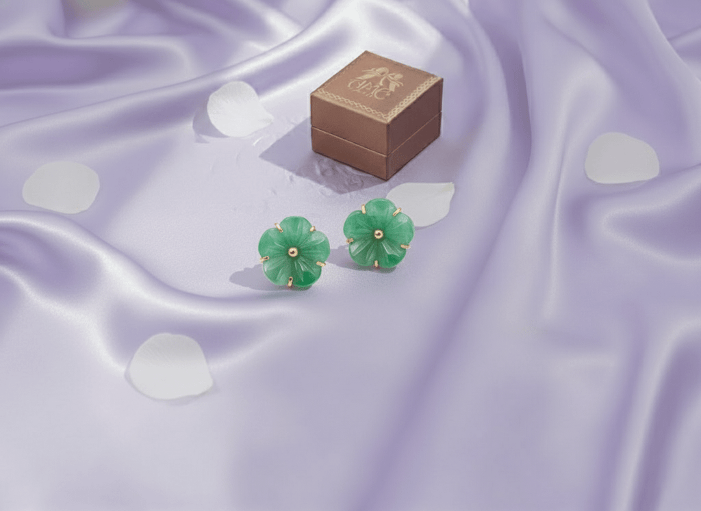 Burmese Jadeite Jade Carved Apricot Blossom Earrings in 14K Yellow Gold by AME Jewellery