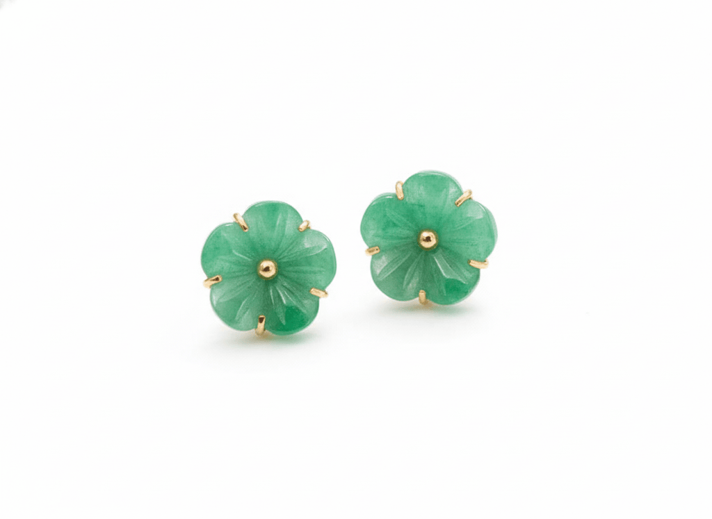 Burmese Jadeite Jade Carved Apricot Blossom Earrings in 14K Yellow Gold by AME Jewellery