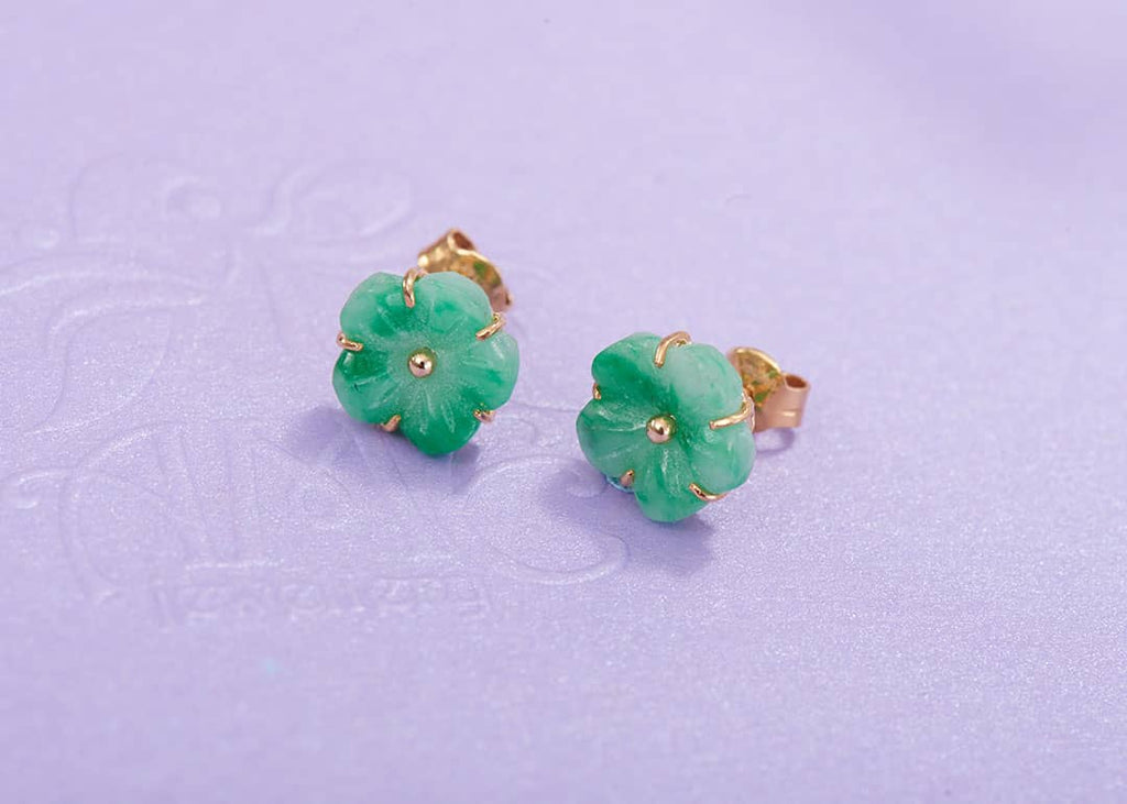 Burmese Jadeite Jade Carved Apricot Blossom Earrings in 14K Yellow Gold by AME Jewellery