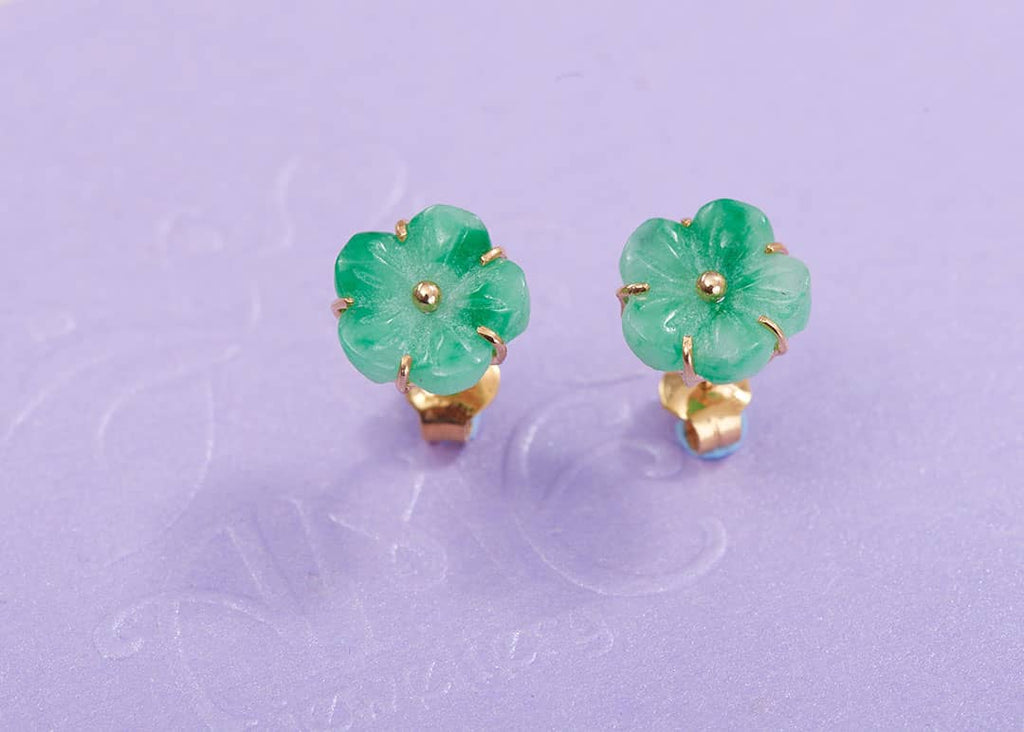 Burmese Jadeite Jade Carved Apricot Blossom Earrings in 14K Yellow Gold by AME Jewellery