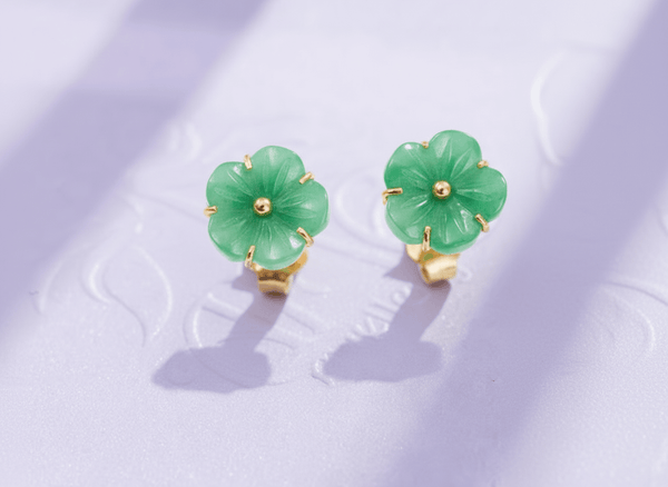  Burmese Jadeite Jade Carved Apricot Blossom Earrings in 14K Yellow Gold by AME Jewellery