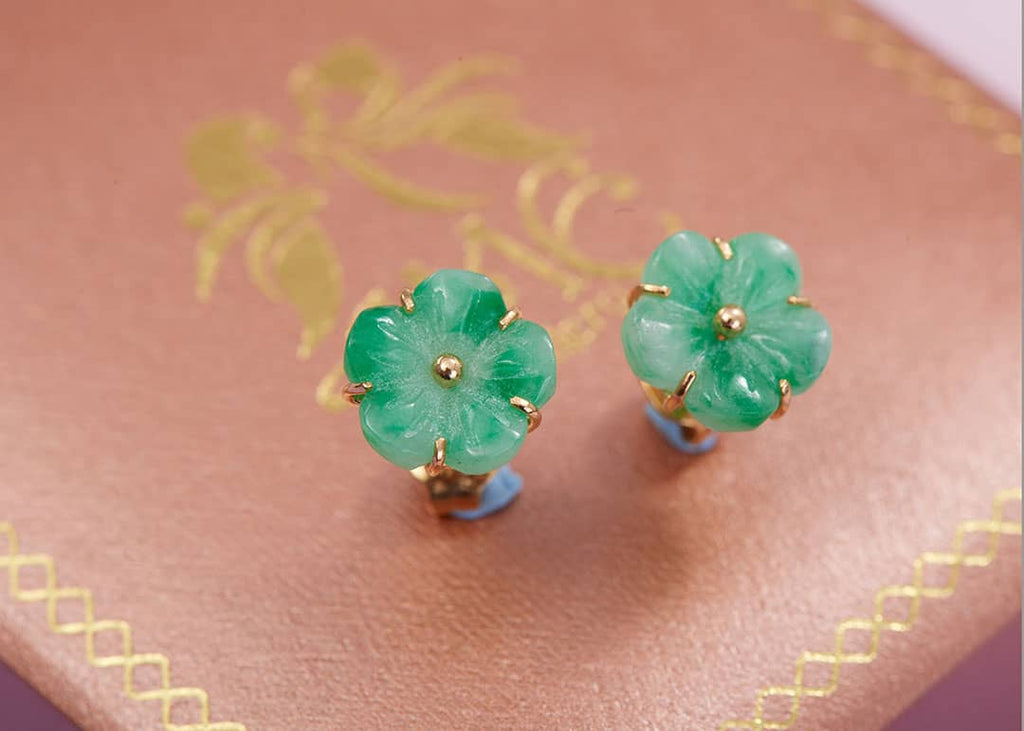 Burmese Jadeite Jade Carved Apricot Blossom Earrings in 14K Yellow Gold by AME Jewellery