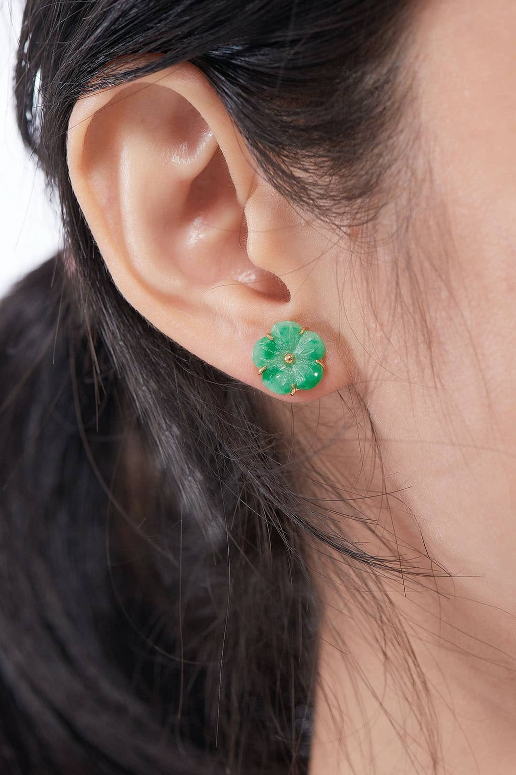 Burmese Jadeite Jade Carved Apricot Blossom Earrings in 14K Yellow Gold by AME Jewellery