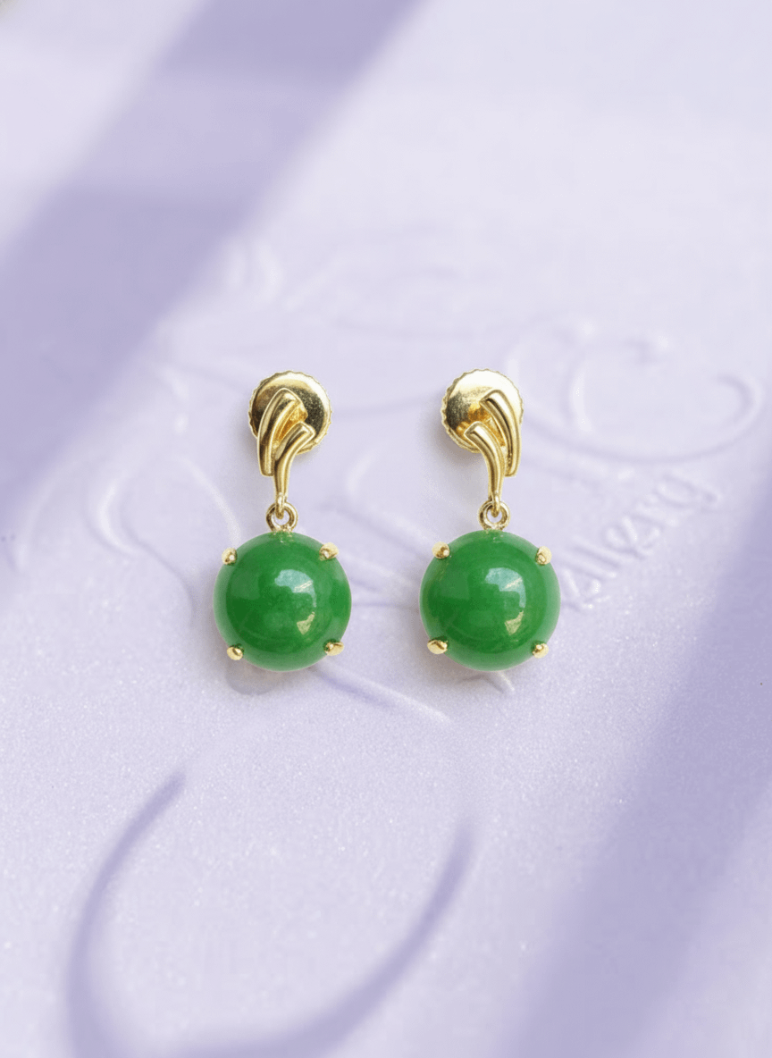 Bông tai Vàng Cẩm thạch thiên nhiên Burmese Jadeite Jade Earrings in 14K Yellow Gold by AME Jewellery
